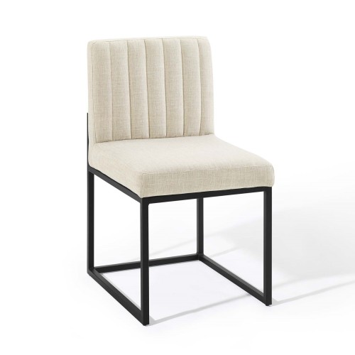 Carriage Channel Tufted Sled Base Upholstered Fabric Dining Chair in Black Beige