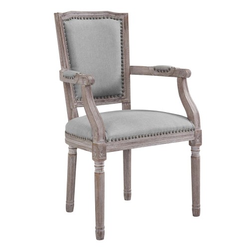 Penchant Vintage French Upholstered Fabric Dining Armchair in Light Gray