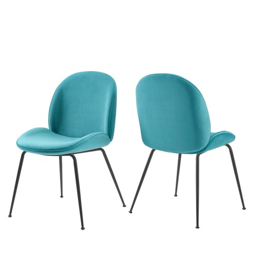 Scoop Black Powder Coated Steel Leg Performance Velvet Dining Chairs - Set of 2 in Blue