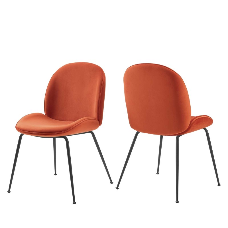 Scoop Black Powder Coated Steel Leg Performance Velvet Dining Chairs - Set of 2 in Orange