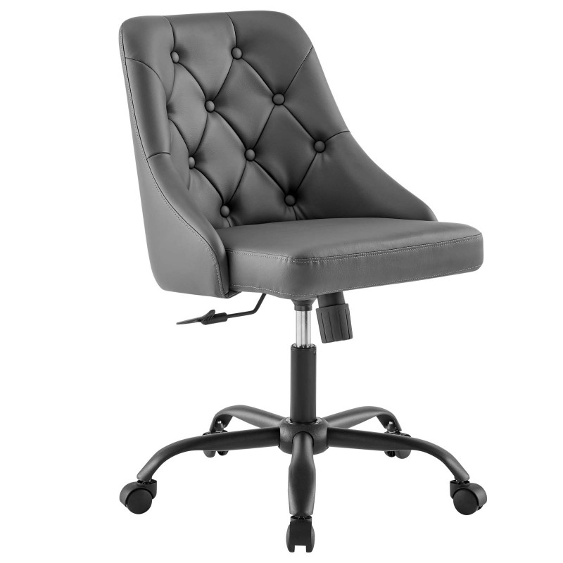 Distinct Tufted Swivel Vegan Leather Office Chair in Black Gray