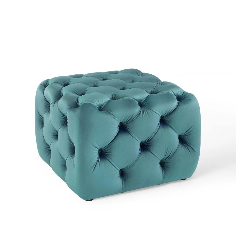 Amour Tufted Button Square Performance Velvet Ottoman in Sea Blue