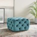 Amour Tufted Button Square Performance Velvet Ottoman in Sea Blue