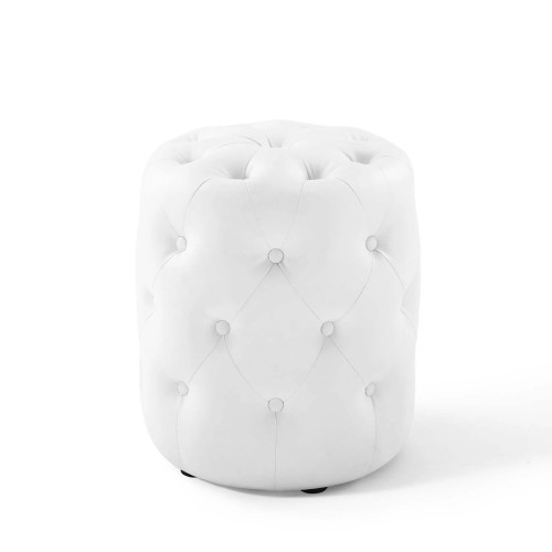 Amour Tufted Button Round Faux Leather Ottoman in White