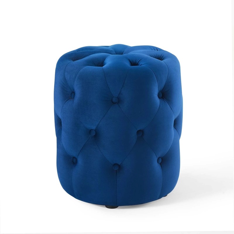 Amour Tufted Button Round Performance Velvet Ottoman in Navy
