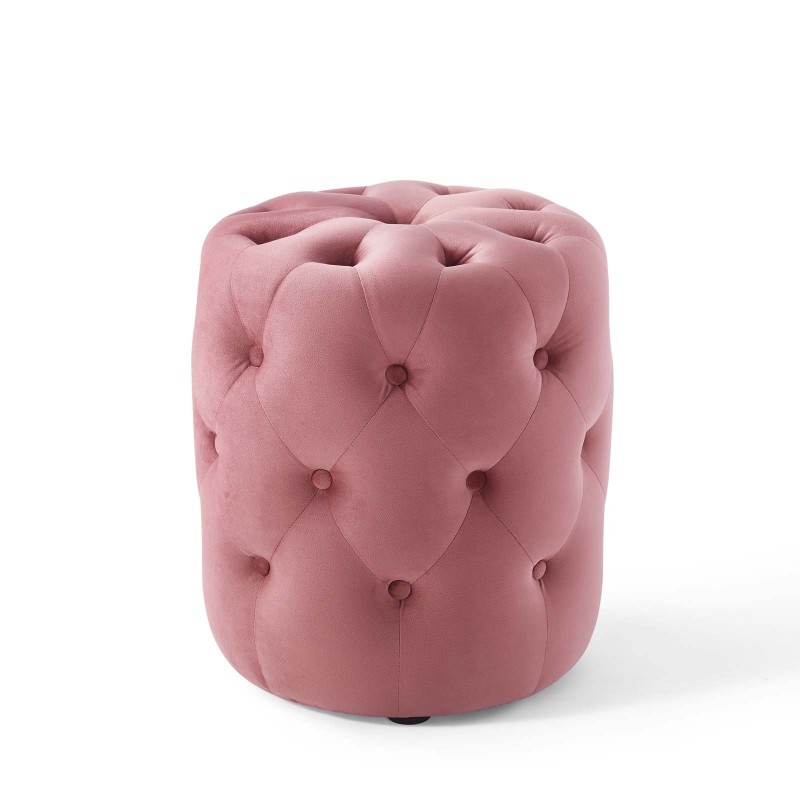 Amour Tufted Button Round Performance Velvet Ottoman in Dusty Rose