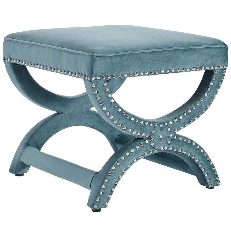 Expound Upholstered Nailhead Trim Performance Velvet Ottoman in Sea Blue