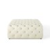 Amour Tufted Button Large Square Performance Velvet Ottoman in Ivory