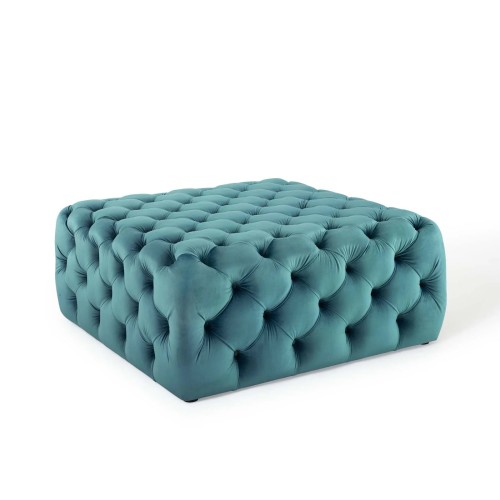 Amour Tufted Button Large Square Performance Velvet Ottoman in Sea Blue