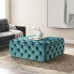 Amour Tufted Button Large Square Performance Velvet Ottoman in Sea Blue