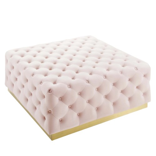 Ensconce Tufted Performance Velvet Square Ottoman in Pink