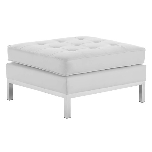 Loft Tufted Upholstered Faux Leather Ottoman in Silver White