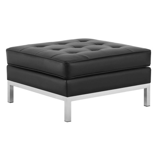 Loft Tufted Upholstered Faux Leather Ottoman in Silver Black