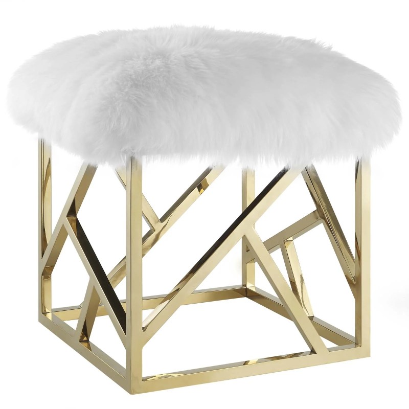 Intersperse Sheepskin Ottoman in Gold White