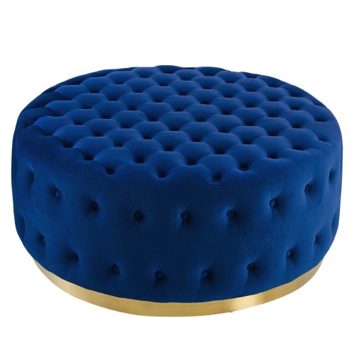 Ensconce Tufted Performance Velvet Round Ottoman in Navy