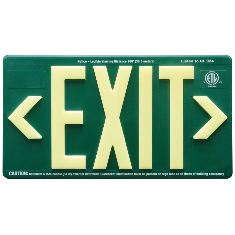 Green ABS Plastic Panel with photoluminescent letters, 2 directional chevrons Double sided