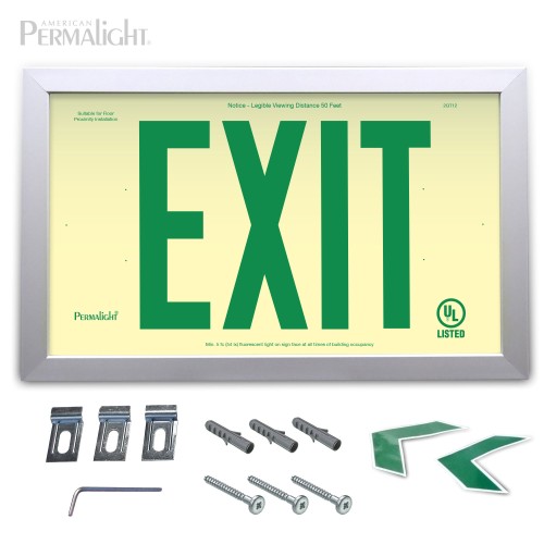 Rigid PVC Plastic EXIT Sign, silver aluminum frame, green letters (6 in)