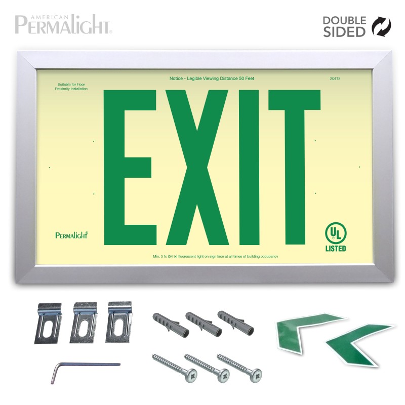 Rigid PVC Plastic EXIT Sign, silver aluminum frame, green letters (6 in) Double sided