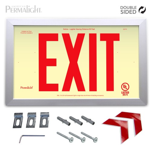 Rigid PVC Plastic EXIT Sign, silver aluminum frame, red letters (6 in) Double sided