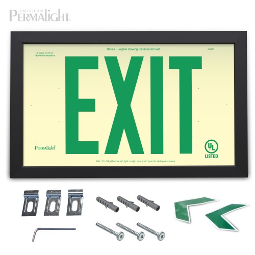 Rigid PVC Plastic EXIT Sign, black aluminum frame, green letters (6 in)