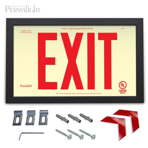 Rigid PVC Plastic EXIT Sign, black aluminum frame, red letters (6 in)