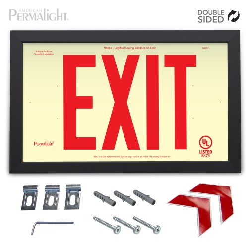 Rigid PVC Plastic EXIT Sign, black aluminum frame, red letters (6 in) Double sided