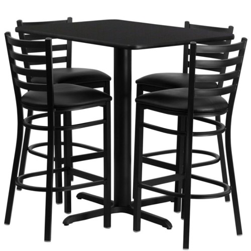 Rectangular Black Laminate Table Set with 4 Ladder Back Metal Barstools - Black Vinyl Seat