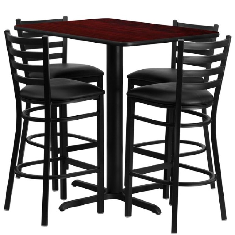 Rectangular Mahogany Laminate Table Set with 4 Ladder Back Metal Barstools - Black Vinyl Seat