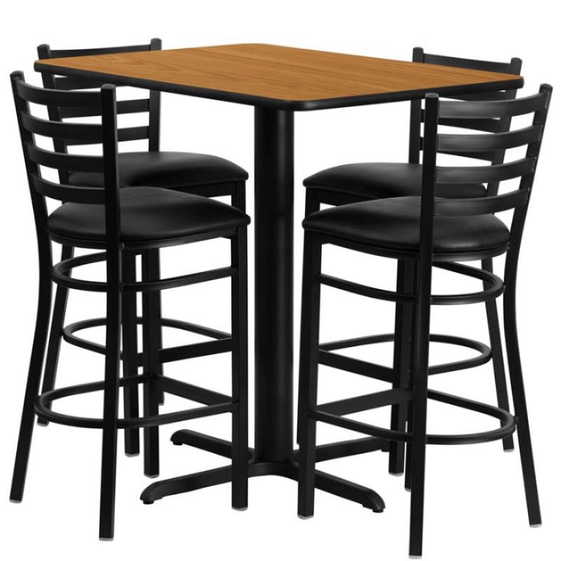 Rectangular Natural Laminate Table Set with 4 Ladder Back Metal Barstools - Black Vinyl Seat