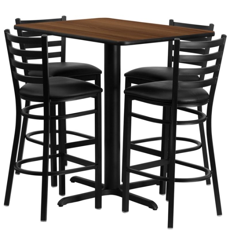 Rectangular Walnut Laminate Table Set with 4 Ladder Back Metal Barstools - Black Vinyl Seat