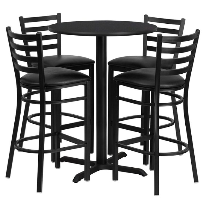 Round Black Laminate Table Set with X-Base and 4 Ladder Back Metal Barstools - Black Vinyl Seat