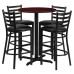 Round Mahogany Laminate Table Set with X-Base and 4 Ladder Back Metal Barstools - Black Vinyl Seat