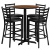 Round Walnut Laminate Table Set with X-Base and 4 Ladder Back Metal Barstools - Black Vinyl Seat