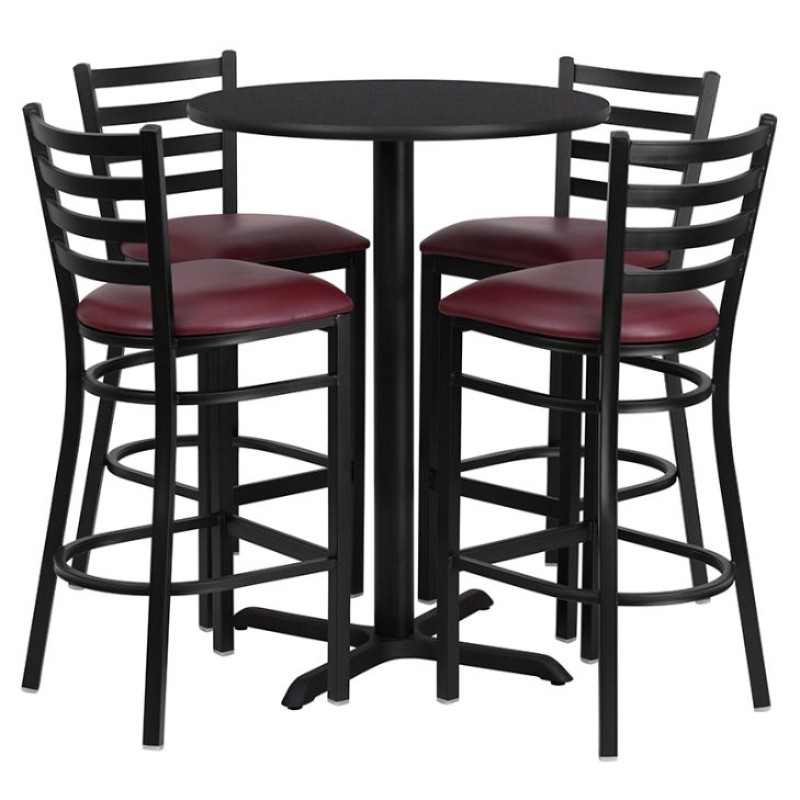 Round Black Laminate Table Set with X-Base and 4 Ladder Back Metal Barstools - Burgundy Vinyl Seat