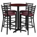 Round Mahogany Laminate Table Set with X-Base and 4 Ladder Back Metal Barstools - Burgundy Vinyl Seat