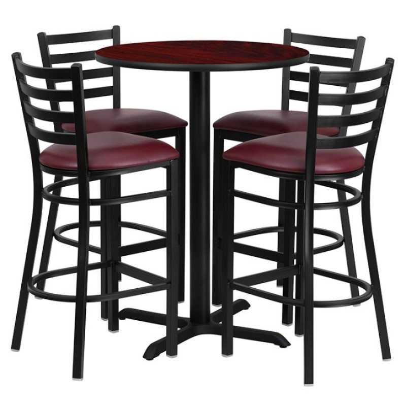 Round Mahogany Laminate Table Set with X-Base and 4 Ladder Back Metal Barstools - Burgundy Vinyl Seat