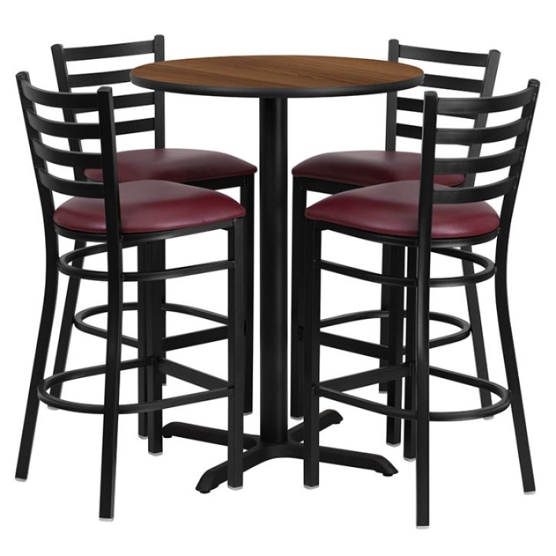 Round Walnut Laminate Table Set with X-Base and 4 Ladder Back Metal Barstools - Burgundy Vinyl Seat