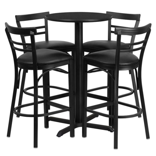 Round Black Laminate Table Set with X-Base and 4 Two-Slat Ladder Back Metal Barstools - Black Vinyl Seat