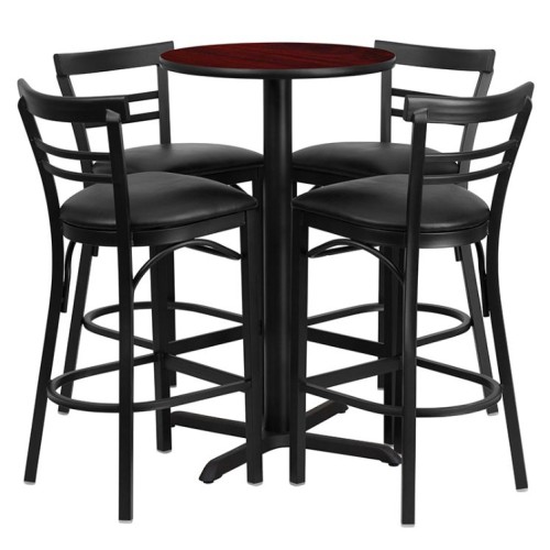 Round Mahogany Laminate Table Set with X-Base and 4 Two-Slat Ladder Back Metal Barstools - Black Vinyl Seat