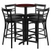 Round Mahogany Laminate Table Set with X-Base and 4 Two-Slat Ladder Back Metal Barstools - Black Vinyl Seat