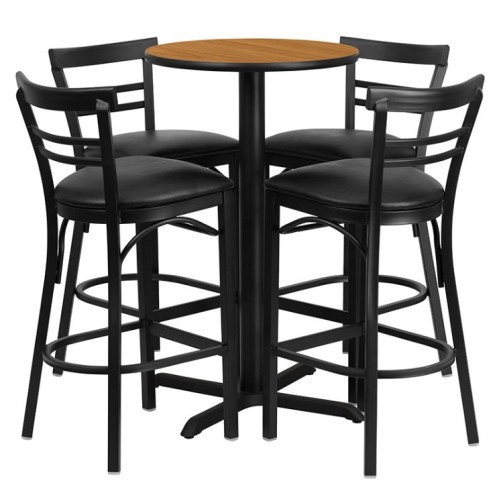 Round Natural Laminate Table Set with X-Base and 4 Two-Slat Ladder Back Metal Barstools - Black Vinyl Seat