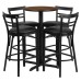 Round Walnut Laminate Table Set with X-Base and 4 Two-Slat Ladder Back Metal Barstools - Black Vinyl Seat