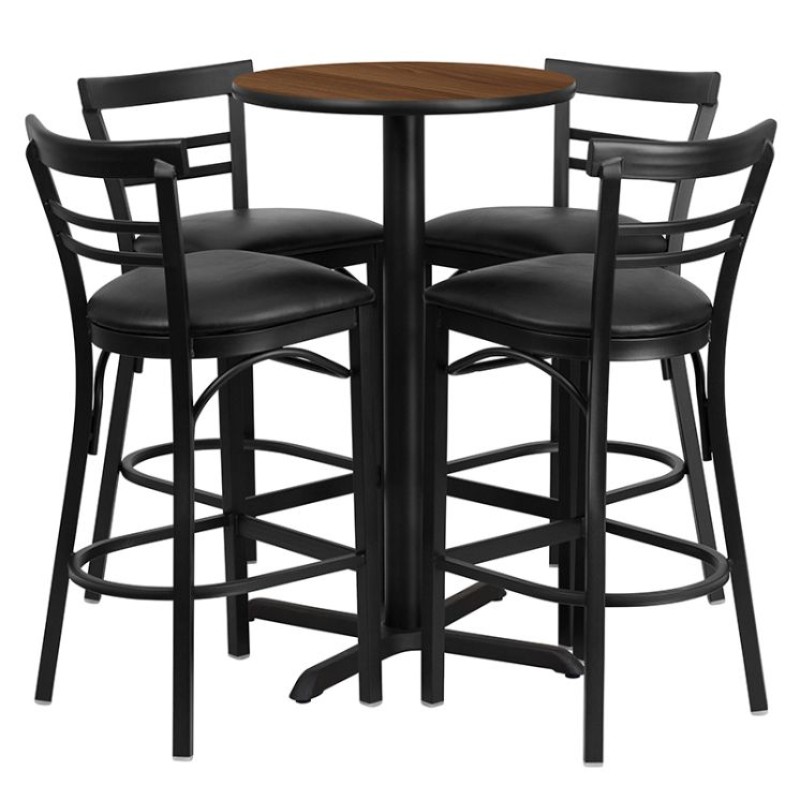 Round Walnut Laminate Table Set with X-Base and 4 Two-Slat Ladder Back Metal Barstools - Black Vinyl Seat