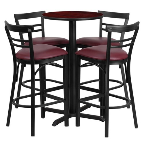 Round Mahogany Laminate Table Set with X-Base and 4 Two-Slat Ladder Back Metal Barstools - Burgundy Vinyl Seat