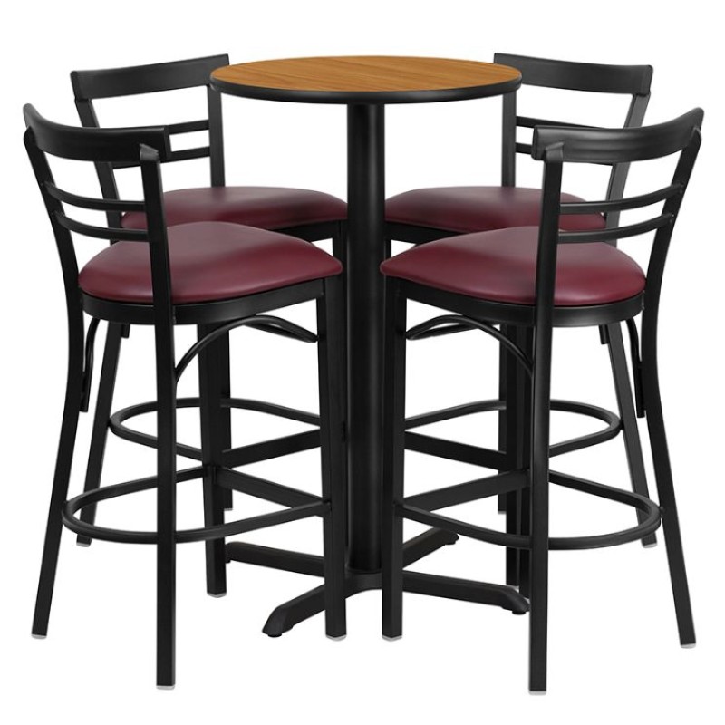 Round Natural Laminate Table Set with X-Base and 4 Two-Slat Ladder Back Metal Barstools - Burgundy Vinyl Seat