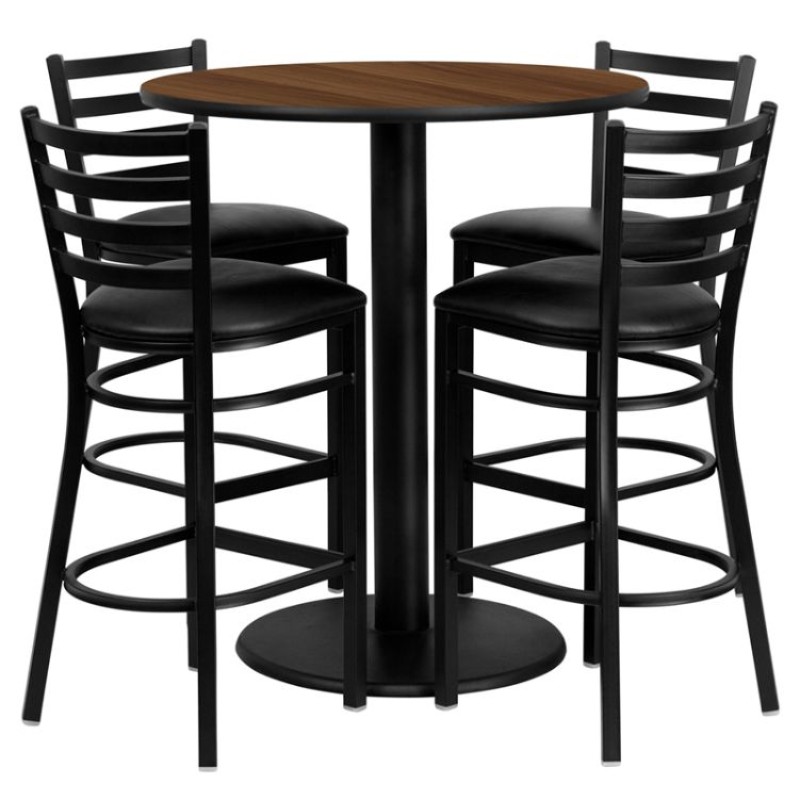 Round Walnut Laminate Table Set with 4 Ladder Back Metal Barstools - Black Vinyl Seat