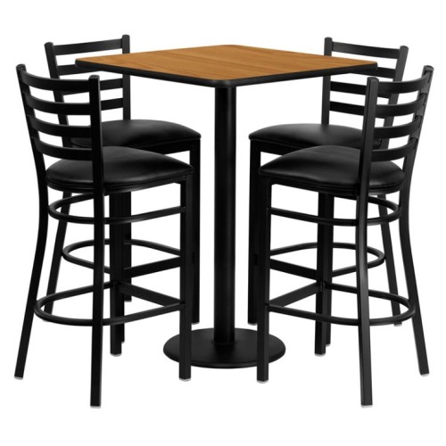 Square Natural Laminate Table Set with 4 Ladder Back Metal Barstools - Black Vinyl Seat