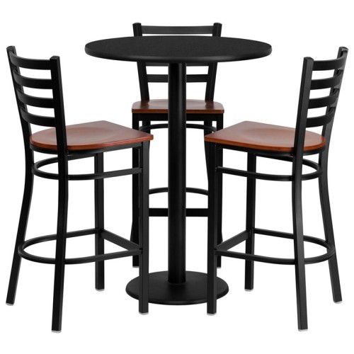 Round Black Laminate Table Set with 3 Ladder Back Metal Barstools - Cherry Wood Seat