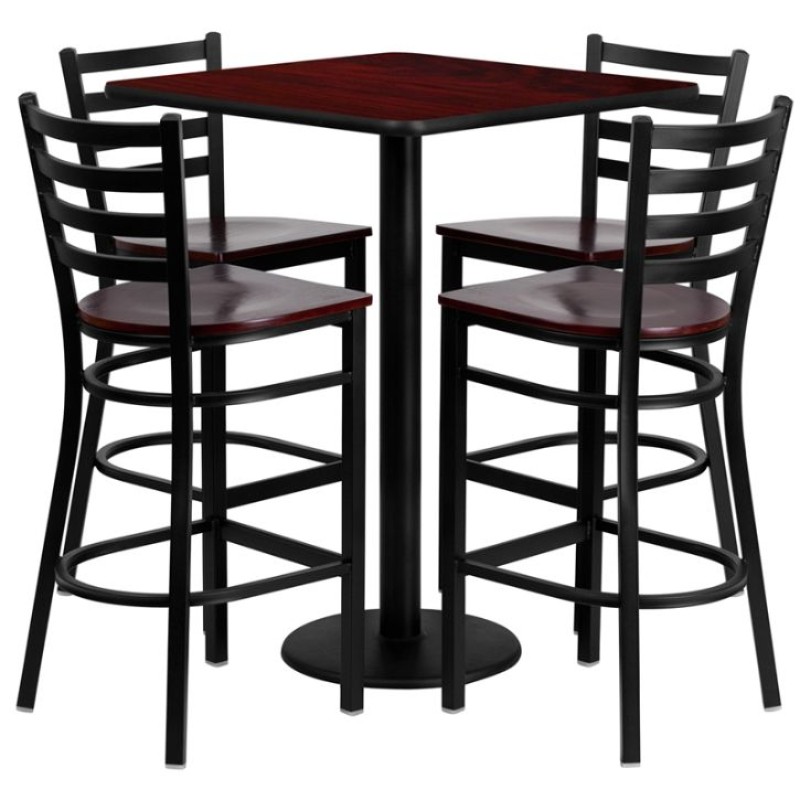 Square Mahogany Laminate Table Set with 4 Ladder Back Metal Barstools - Mahogany Wood Seat