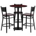 Round Mahogany Laminate Table Set with 3 Grid Back Metal Barstools - Mahogany Wood Seat